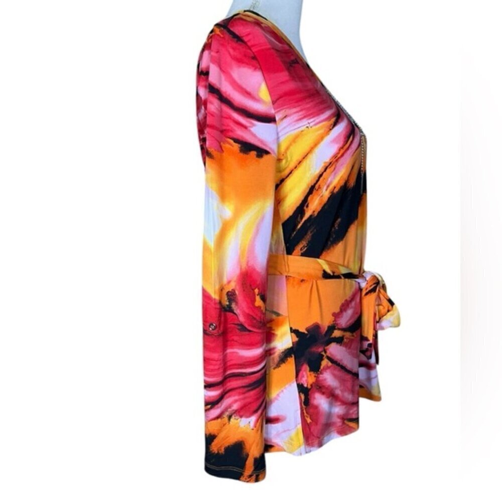 Carmen Marc Valvo Tunic V Neck Chain Long Roll Up Sleeve Tropical Coral Pink SM - Picture 3 of 16